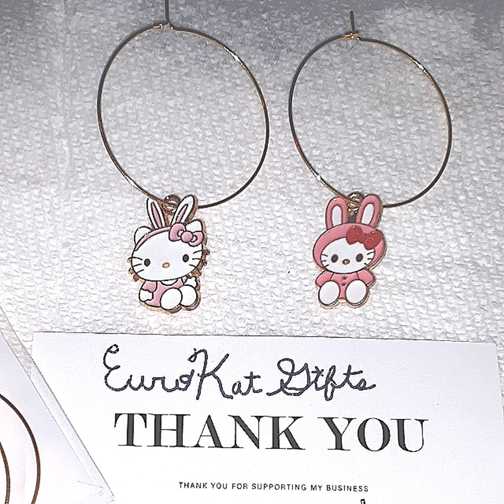 HELLO KITTY Gold Medium Hoop Earrings mis match BJ  style Enamel kitty Charm NEW